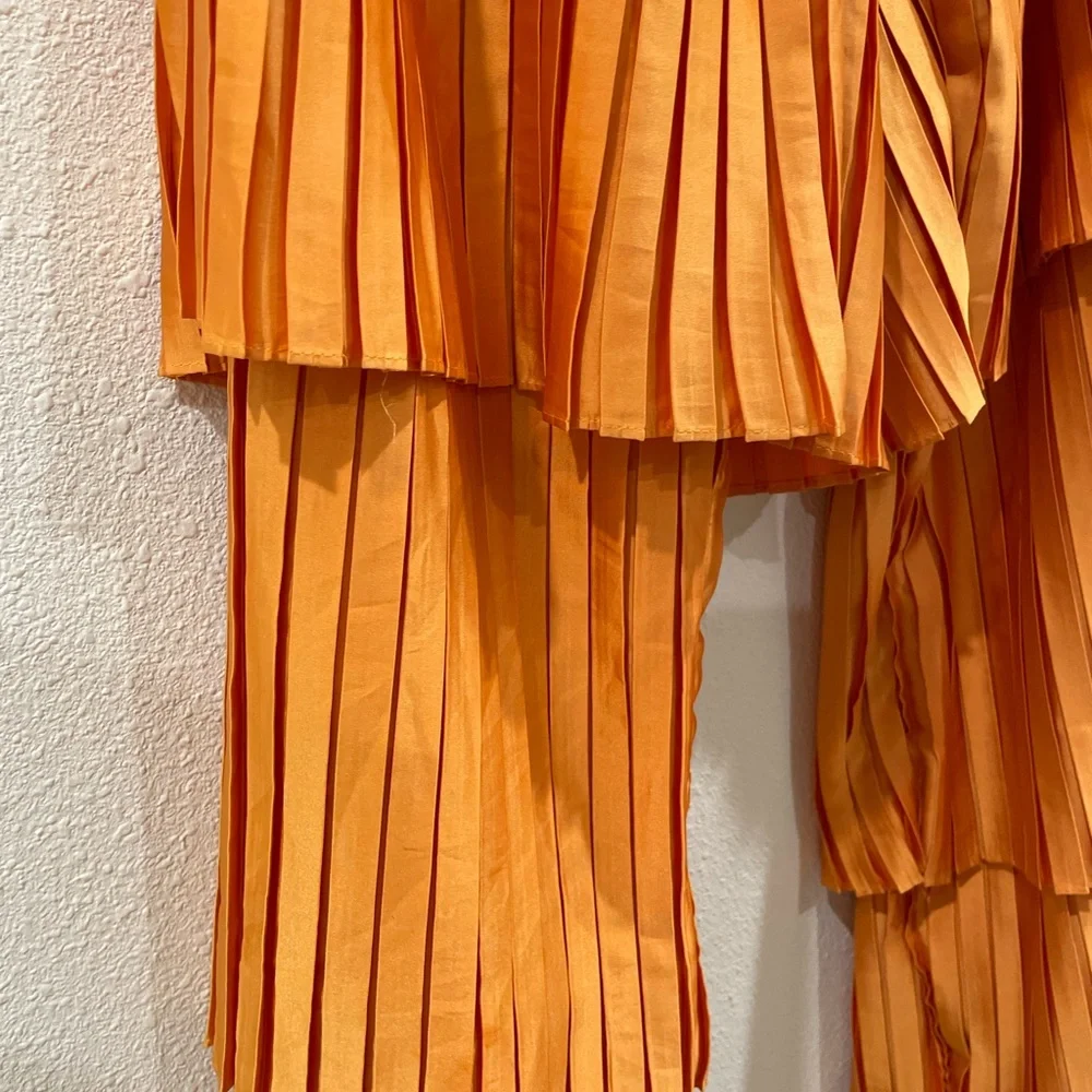 Andrea Iyamah Vibrant Orange Tami Pleated Tiered Wide Leg Pants Size Medium - Picture 5 of 10